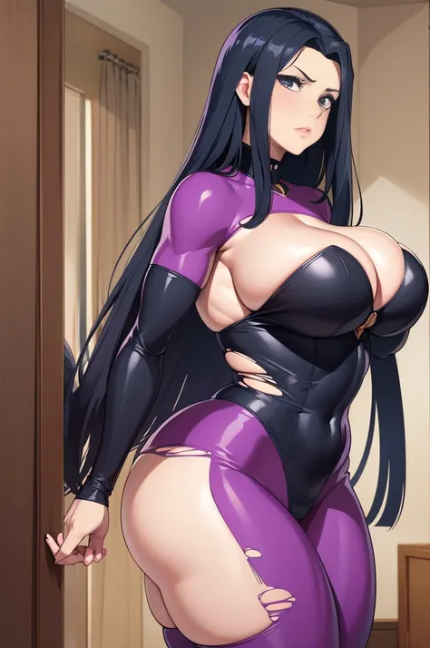 raven teen titans, 1 girl, ((barnet))), long black hair, torn uniform, confused face, thick thighs, huge ass, huge natural breasts, cleavage, mature mother, huge muscleoysenberry eyes, Curvaceous physique, in a boys room