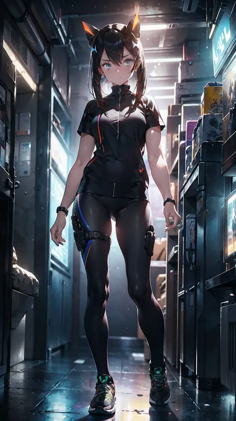 An ultra-realistic and ultra-detailed ((full body portrait)) Intricate (Caucasian) Spy Goddess with dark hair, Sneakers, hearts, Standing Holding And Aiming A Bulky Oversized Silenced Gun, Netrunner, Vigilante, Classy, Sassy, Fantastically Colorful, Futuri...