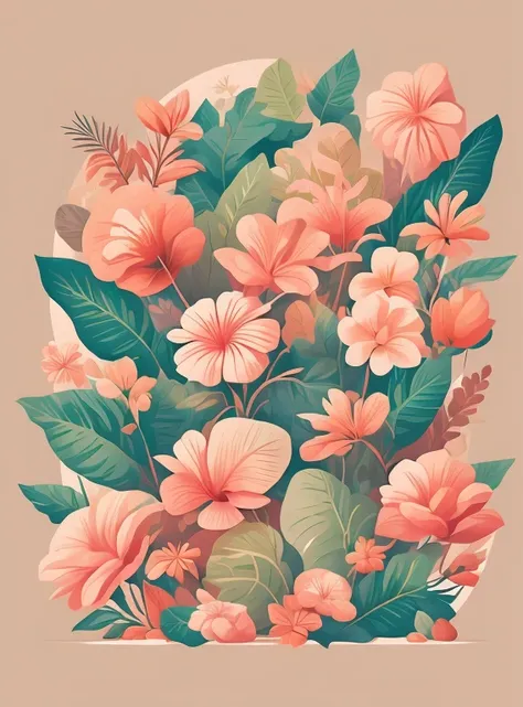 Flora Print，Soft beige，pastel pink，Tropical plants，rzminjourney，vectorial art，Design loops