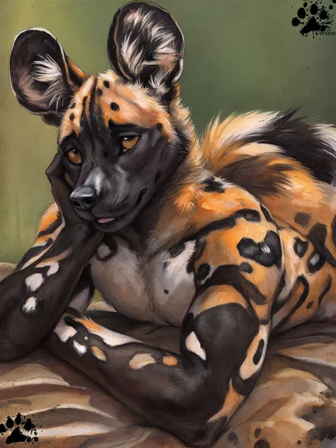 solo, anthro, African Wild Dog, feminine body, shy, male, shaggy fur, tail, bed background, (by blotch), laying on front, sexy