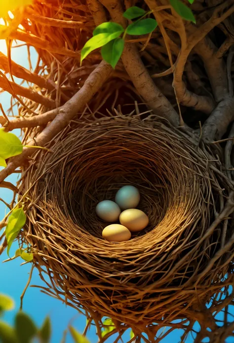 Silhouette of bird nest, panoramic, Ultra high saturation, bright and vivid colors, intricate, (best quality, masterpiece, Representative work, official art, Professional, 8k)