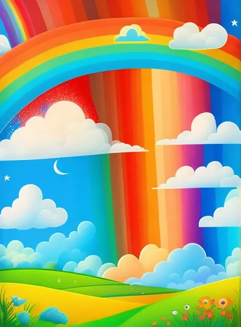 A landscape with a bright blue sky and a rainbow that stretches over a lush green field. Each color of the rainbow is well defined and intense, magica, childrens picture book