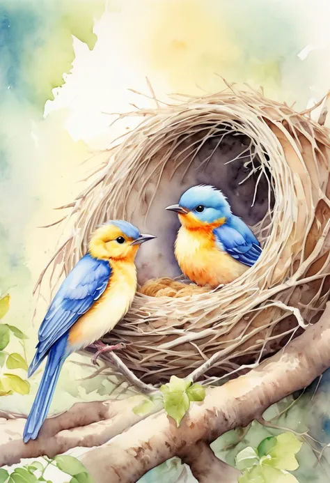 Digging out bird nest, Watercolor childrens illustration, panoramic, Ultra high saturation, bright and vivid colors, intricate, (best quality, masterpiece, Representative work, official art, Professional, 8k)