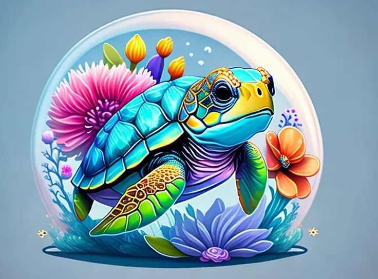 chibi sea turtle, air bubble, flowers, vivid color, color splash, cute, illustrator, digital art, image for t-shirt design