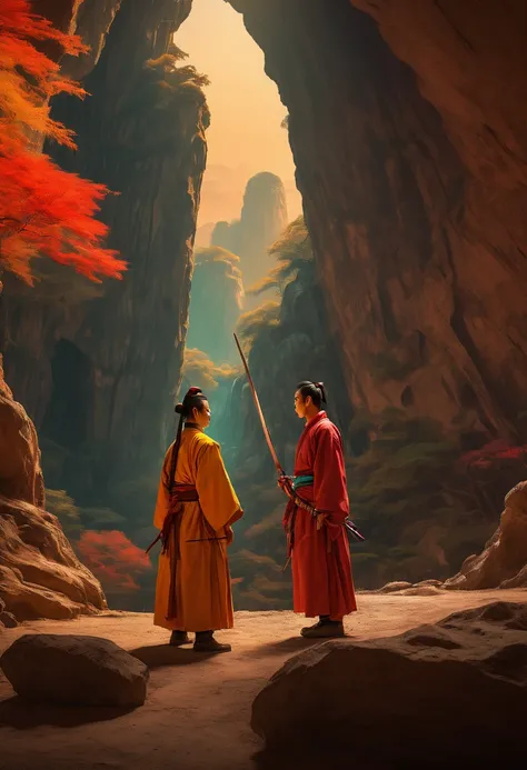 Chinese wuxia, A swordsman standing in front of the cave, panoramic, Ultra high saturation, bright and vivid colors, intricate, (best quality, masterpiece, Representative work, official art, Professional, 8k)