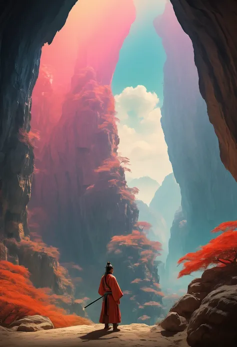 Chinese wuxia, A swordsman standing in front of the cave, panoramic, Ultra high saturation, bright and vivid colors, intricate, (best quality, masterpiece, Representative work, official art, Professional, 8k)