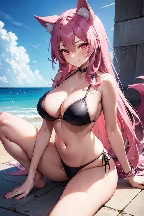 Lustful woman, with wolf ears and pink hair, holding her cheeks, wolf tail, wearing a bikini, looking at veiwer, full body