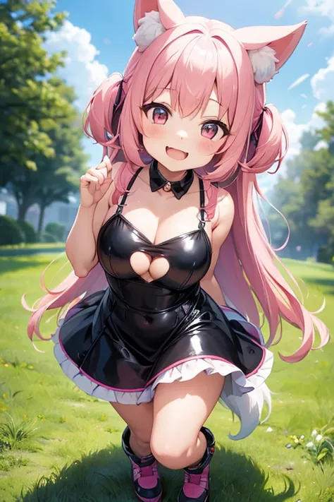 Happy little girl, with wolf ears and pink hair, holding her cheeks, wolf tail, wearing a latex dress, looking at veiwer, full body, you can see her chest, naked breasts