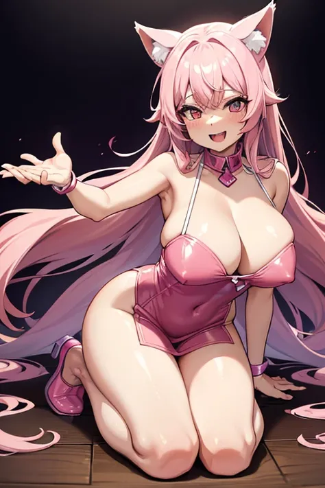 Happy woman, with wolf ears and pink hair, holding her cheeks, wolf tail, wearing a latex dress, looking at veiwer, full body, you can see her chest, naked breasts