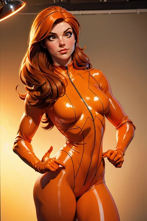 (best quality,8k:1.2,high resolution:1.2),ultra-detalhado,Realistic,retro science female,static pose,long hair,rosto extremamente detalhados,long eyelashes,all sheer light orange Collant de nylon Apertado,white pantyhose, light orange gloves,light orange G...