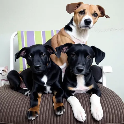 three dogs sitting on a chair with a dog on the back, cachorrinhos, adoptable, Preto an branco, powder Nándor Katona, pontos, family portrait, por David Rubin, por Samuel Silva, 📷 absence and rumpleteazer, Preto & branco, dogs, monochrome Preto and branco,...