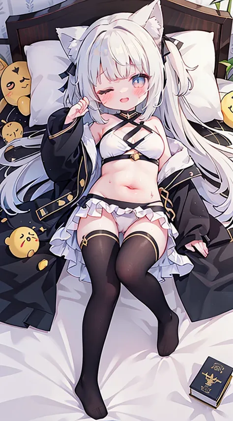 a girl、without wearing shoes，silver wolf，cyberpunk，earphone，Double tail，shy，blush、masterpiece、Top image quality、top quality， animal ears，Yellow-haired，（black stockings or white socks ）、exquisite eyes、beautiful girl、Plump cheeks、ribbon、kawaii、loli、leg rings...