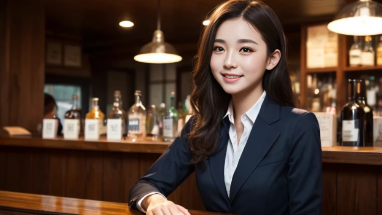 (highest quality、masterpiece:1.2)、highest quality、realistic、photograph、High resolution、1080P、8K、rough skin、physical rendering、1 Japanese women、、cute、young face、curled hair、(business suit:1.5)、Sit at the bar counter、full of embarrassment、smile、big