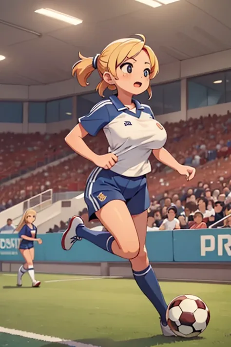 masterpiece,best quality,dramatic, 2girls, ((large breast)), running, soccer team uniform, sports uniform, blonde hair, soccer field, crowd, 