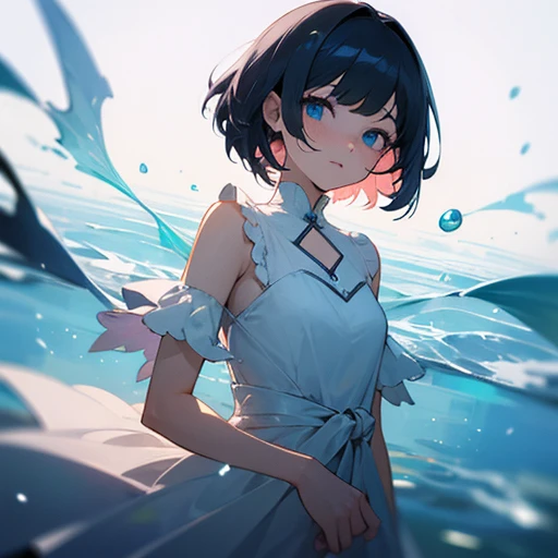 Girl with short blomde hair and blue eyes under color water with a white gradient dress