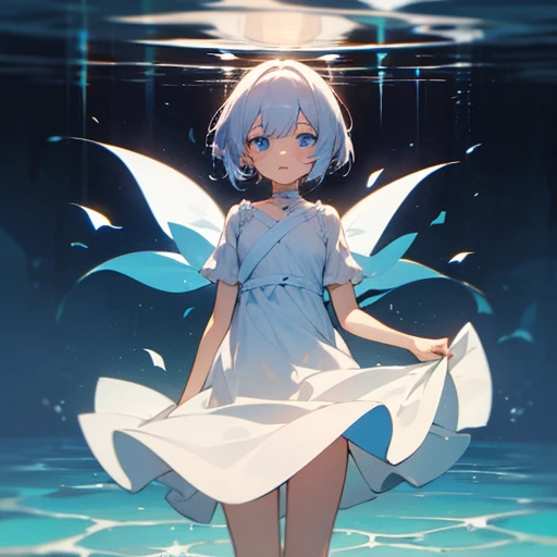 Girl with short blomde hair and blue eyes under color water with a white gradient dress