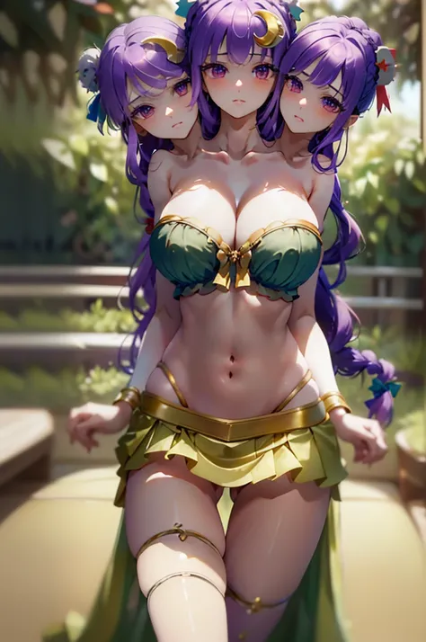 (masterpiece, best quality), best quality, (ultra-detailed), (3heads:1.5), 1girl, (patchouli knowledge:1.3), masterpiece, best quality, purple top, crop top, ((stomach)), midriff, ((groin)), vertical striped skirt, normal ears, shackles, purple hair, very ...