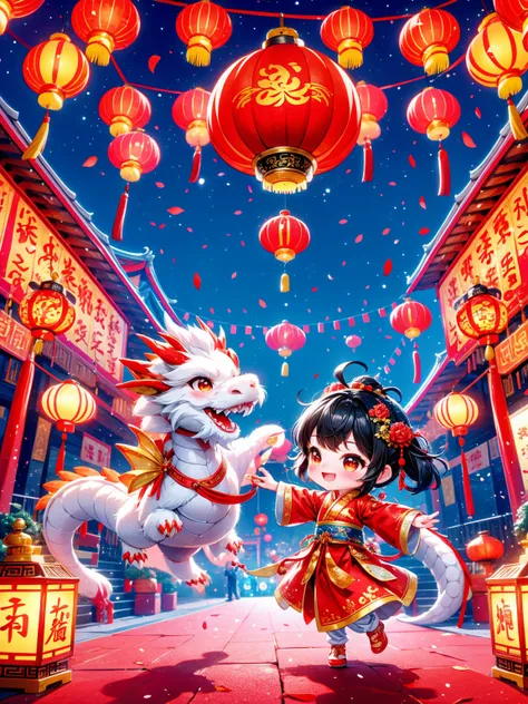 （super fine，hd：1.2），extremely cute toddler princess，chinese dragon，chinese new year celebration，firecrackerecrackers，red spring ...