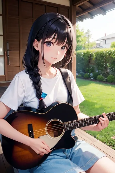 Aiko Tanaka (Aiko Tanaka, a simple girl with braided black hair), house, guitar, garden, photos together.