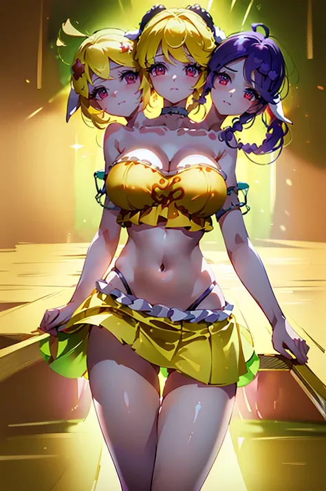 (masterpiece, best quality), best quality, (ultra-detailed), (3heads:1.5), 1girl, (ringo:1.3), masterpiece, best quality, orange top, crop top, ((stomach)), midriff, ((groin)), yellow skirt, normal ears, shackles, blonde hair, very long hair, wavy hair, si...