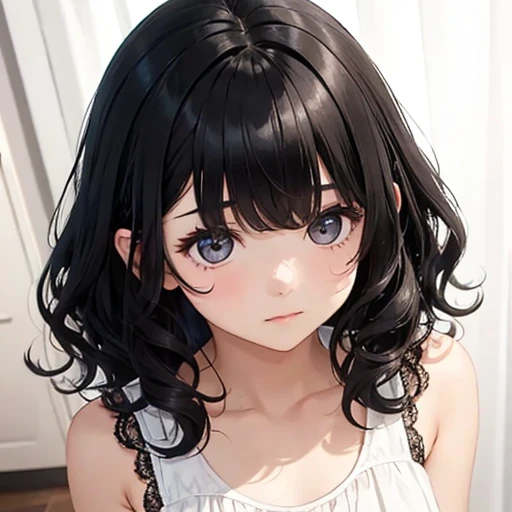 Girl with black and shorr curly hair no front bangs wearing a white plain dress