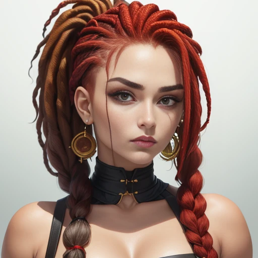 ((obra de arte)), ((tiro de vaqueiro)), ((character creation): 1.0), hiper-detalhado, hiperrealista, linda mulher, Her name is "vendeta".  mulher ruiva, ((cabelo vermelho)), (cabelos longos com dreads, longos dreads, dreadlocks head), ((cabelo vermelho): 1...