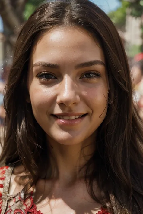 womans face, long brunette hair, smiling, sun is red, (digital painting, concept art, smooth, sharp focus, intricate details, close-up, masterpiece: 1.2)