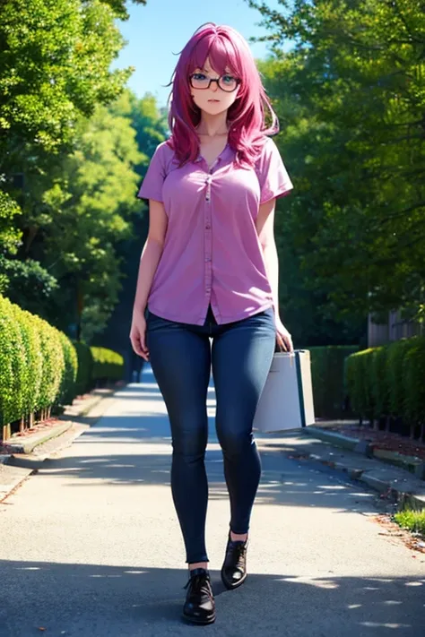 a pink haired woman with violet eyes with glasses is holding books under her arms as she walks through the park