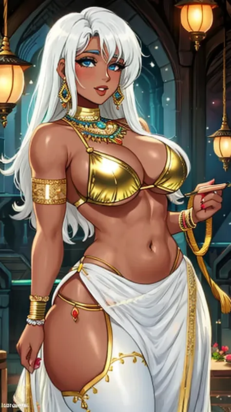 50-year-old indian female ifbb, reflective gold shiny bra, glowing iridescent thong, extremely translucent shimmering dress, white sheer arab pants, white hair, thick lips, mature allure, dark skinned