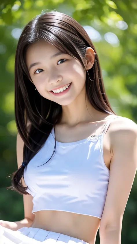 15 year old beautiful girl、Absolutely Beautiful Girl、quite thin、big breasts、whole body、Slim body type、young face、baby face、white blouse、uniform、high school student、short skirt、Angle that allows you to see the lower body、thin waist、thin legs、beautiful skin、...