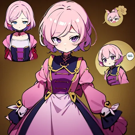 Personagem feminino,cabelo longo,cheio e ondulado de cor castanho escuro, seus olhos castanhos escuro, cor da pele parda, in anime version, de cores das veste branca, with pink and lilac details, em desenho flores, uma personagem feminina estilo anime e um...