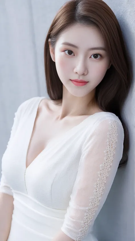 a close up of a woman in a white dress posing for a picture, smooth white tight clothes suit, gorgeous chinese model, pale milky white porcelain skin, a beautiful young woman, gorgeous young korean woman, cai xukun, beautiful south korean woman, a cute you...