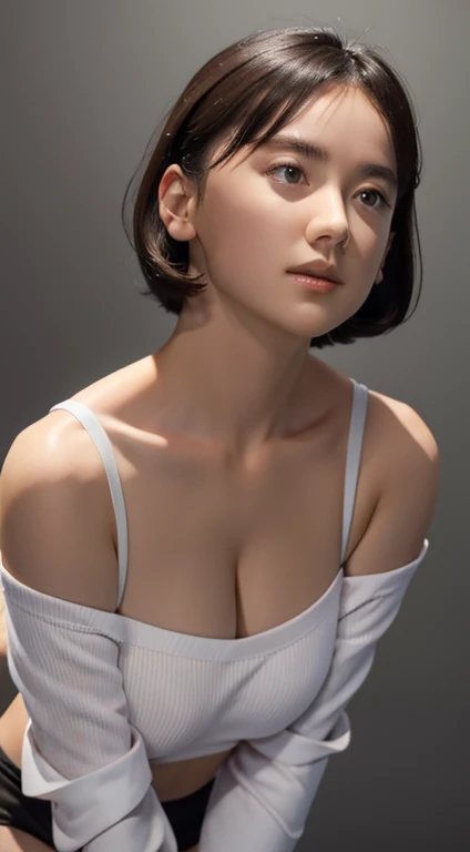 16k super high image quality、looking at the viewer, cinematic lighting, perfection, soft light, high resolution skins:1.2, realistic skin texture, 20 year old mature woman、small face、No makeup、off shoulder,Bust B Cup、 exposed cleavage, small breasts、short ...