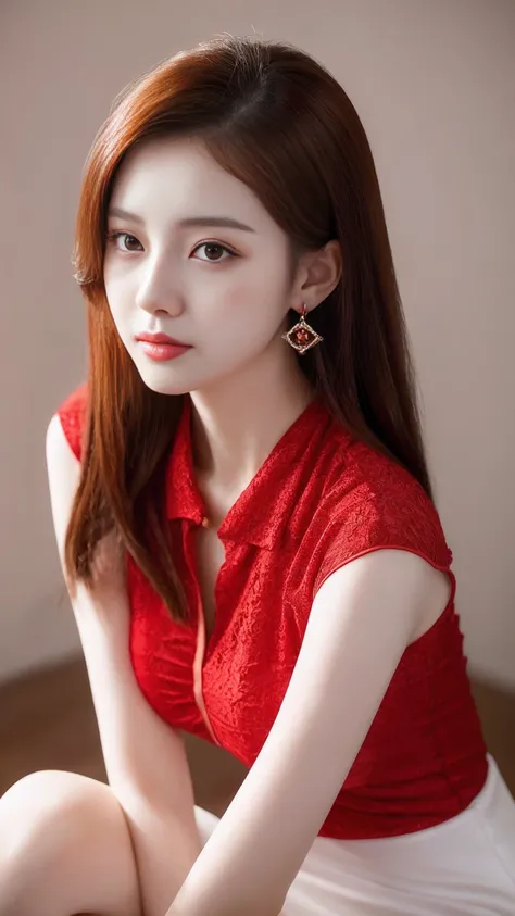 a close up of a woman in a red dress posing for a picture, smooth white tight clothes suit, gorgeous chinese model, pale milky red porcelain skin, a beautiful young woman, gorgeous young korean woman, cai xukun, beautiful south korean woman, a cute young w...