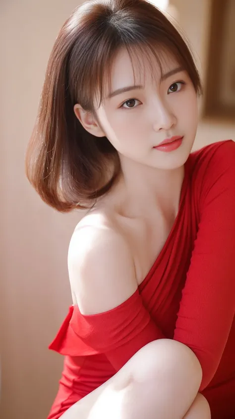 a close up of a woman in a red dress posing for a picture, smooth white tight clothes suit, gorgeous chinese model, pale milky red porcelain skin, a beautiful young woman, gorgeous young korean woman, cai xukun, beautiful south korean woman, a cute young w...