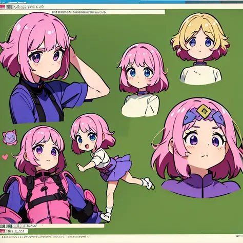 Personagem feminino,cabelo longo,cheio e ondulado de cor castanho escuro, seus olhos castanhos escuro, cor da pele parda, in anime version, de cores das veste branca, with pink and lilac details, em desenho flores, uma personagem feminina estilo anime e um...