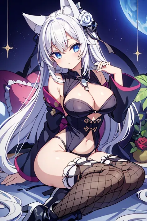 ((highest quality)), ((masterpiece)), (be familiar with), perfect face, female with wolf ears, white hair, is female, female, long, wearing an oriental white kimono,  Wearing thigh-high fishnet stockings, (whole body), Wearing black combat boots, alone, Ha...