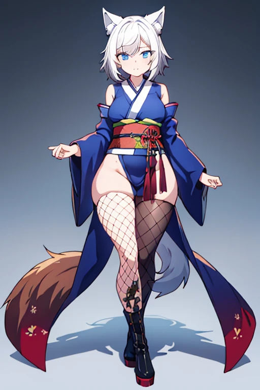 ((highest quality)), ((masterpiece)), (be familiar with), perfect face, female with wolf ears, white hair, is female, female, long, wearing an oriental white kimono,  Wearing thigh-high fishnet stockings, (whole body), Wearing black combat boots, alone, Ha...