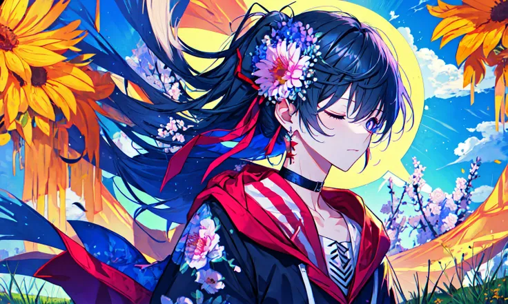 (boy), solo, (perfect face), (detailed outfit), sleeping, (closed eyes), (closed mouth), (sleeping on grass hill), blue hair, hair between the eyes, bangs, long ponytail, (low ponytail), purple eyes, light skin, flatchested, (hoodie, long sleeves, choker),...