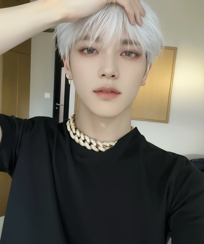 arafed image of a boy with a chain around their neck, cai xukun, male ulzzang, wan adorable korean face, south korean male, whitebangsblackhair, with white long hair, portrait of taeyong NCT, 8k selfie photograph, jimins plump lips, jung jaehyun, hong june...