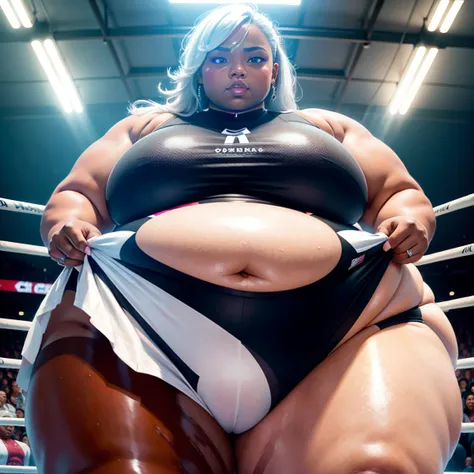 ((Dark skin)), dark skinned female, giantess, ((strongfat)), ssbbw, obese, ((strong arms)), white hair, blue eyes, tall, looming over viewer, (gentle smile), (wrestling gear), gigantic, insanely large belly, sweaty, subtle blush, (bare arms), ((biceps)), (...