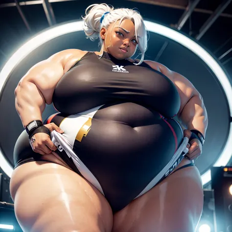 ((Dark skin)), dark skinned female, giantess, ((strongfat)), ssbbw, obese, ((strong arms)), white hair, blue eyes, tall, looming over viewer, (gentle smile), (wrestling gear), gigantic, insanely large belly, sweaty, subtle blush, (bare arms), ((biceps)), (...