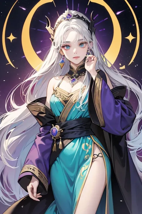 Alune is a slender, pale-skinned pretty woman with long white hair, in contrast with her brothers short dark hair. She wears elegant, flowing robes with a distinct palette of black, purple, and turquoise. The most distinctive ornaments of her attire are th...