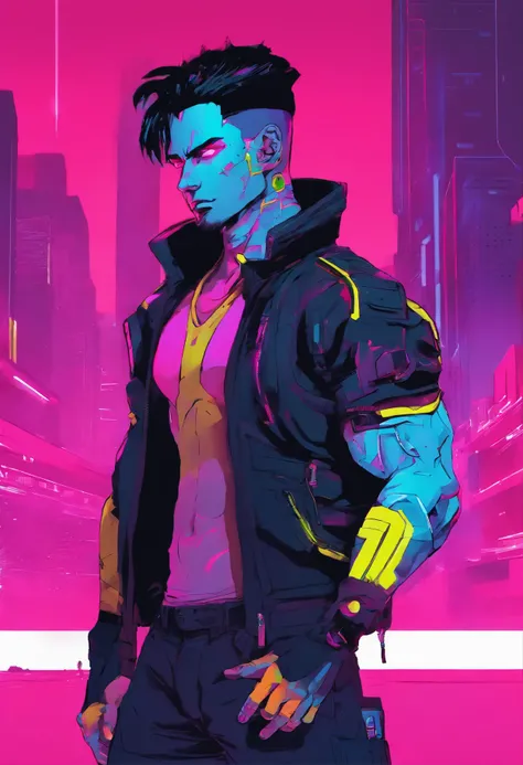 1 Muscular man, ((Cyberpunk 2077 inspired style)), Short hair, Black hair, Left eye scarred