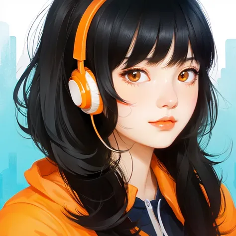 An illustration、black hair short、headphone、orange eyes、strong girl