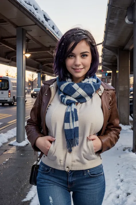 "A photorealistic portrait of a 25-year-old American girl with short purple hair and blue eyes, Wearing sunglasses, huge breasts, blue jeans, brown leather jacket, scarf, ear muffs. She should have a big smile and be illuminated by soft lighting with a sun...