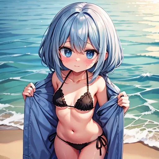 An embarrassed girl at the beach wearing a tiny lace bikini which barely covers her up and has a tight squeeze on her body