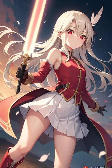 Illyasviel von Einzbern, blonde hair, hair between eyes, long hair, (red eyes:1.5),
休息 boots, Detached sleeves, earrings, feather hair accessories, feather, Gloves, hair accessories, jewelry, layered skirt, long sleeves, , miniskirt, pink footwear, pink sh...