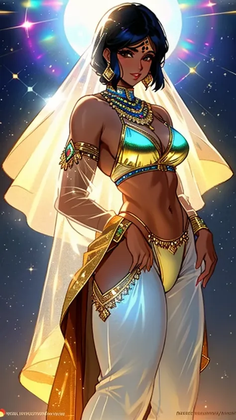 50-year-old indian female ifbb, extremely translucent shimmering dress, reflective gold shiny bra, glowing iridescent thong, white sheer arab pants, thick lips, mature allure, dark skinned