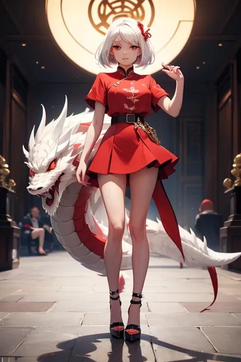 white hair，red eyes，white clothes red clothes，Short skirt，High heel，The body is surrounded by a white Chinese dragon。Long knife in hand，Standing posture，for the audience。